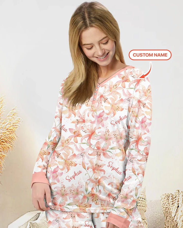 Benutzerdefinierter Name Geburtsmonatsblumen Bambus Damen Schlafanzug-Set
