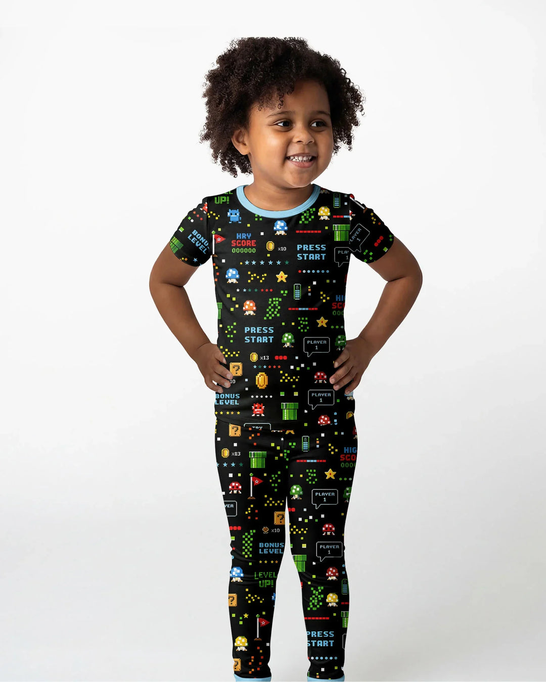 Conjunto de pijama de dos piezas de manga corta de bambú a juego para amantes de los juegos de píxeles