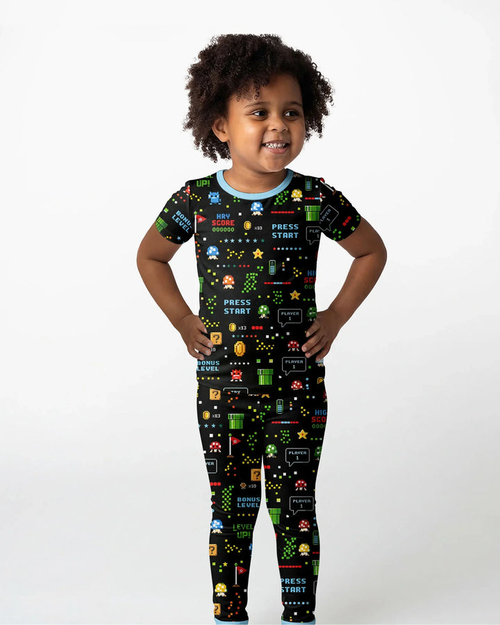 Conjunto de pijama de dos piezas de manga corta de bambú a juego para amantes de los juegos de píxeles