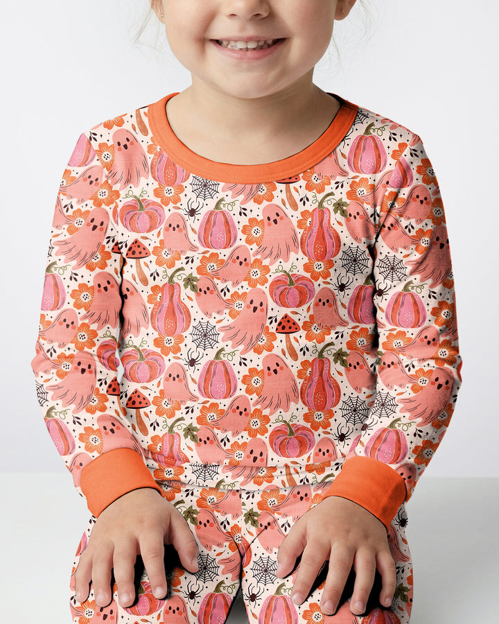 Pink Ghost Pumpkin Fall Floral Halloween Bamboo Two Piece Long Sleeve Pajama Set