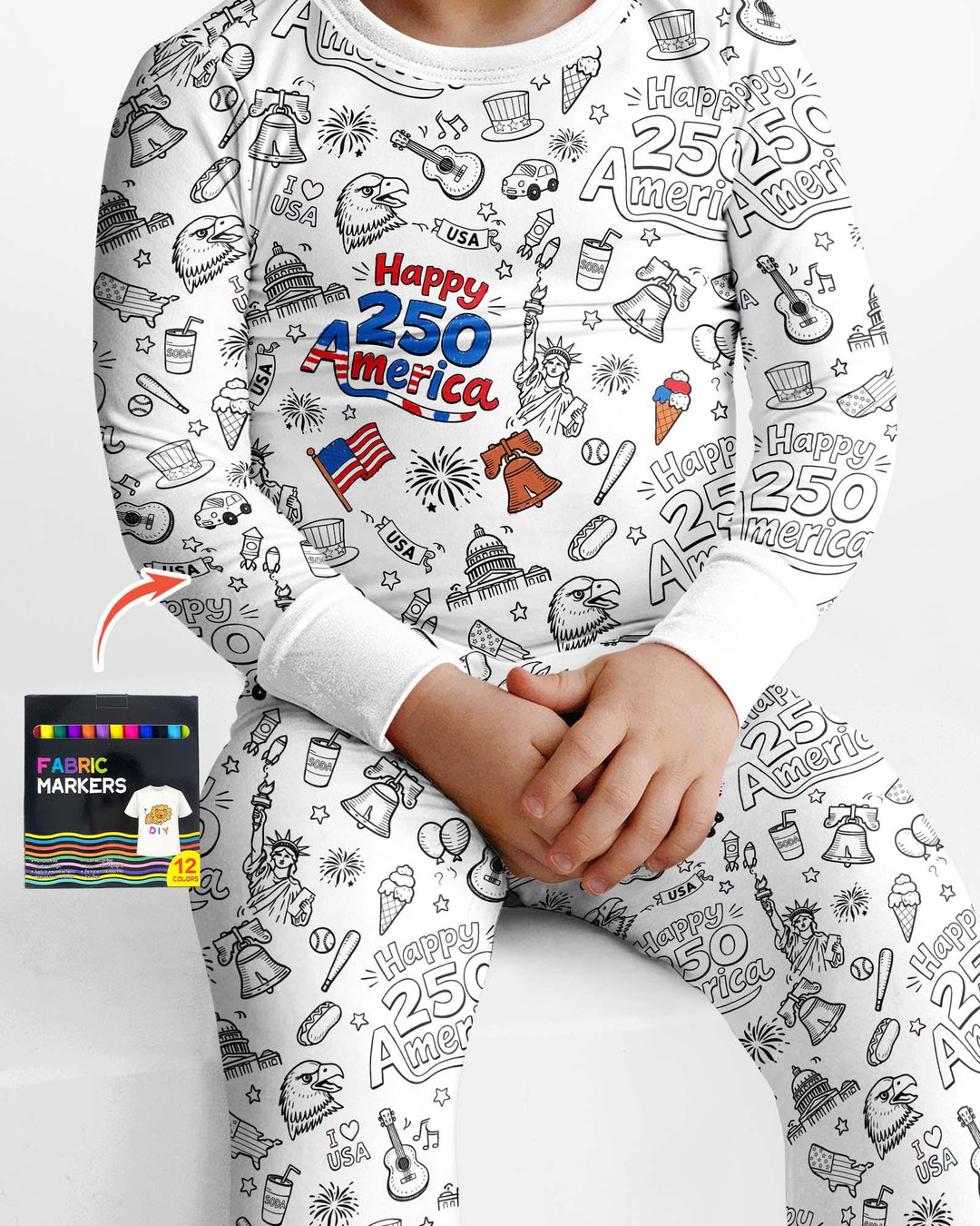 All Colorable Happy 250 America I love USA Bamboo Two Piece Long Sleeve Pajama Set
