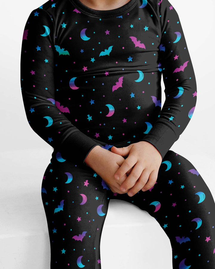 Neon Bats & Moons Night Bamboo Two Piece Long Sleeve Pajama Set