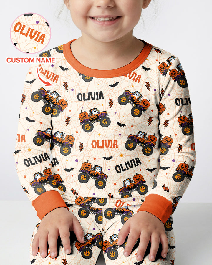 Custom Name Halloween Monster Truck Bamboo Two Piece Long Sleeve Pajama Set