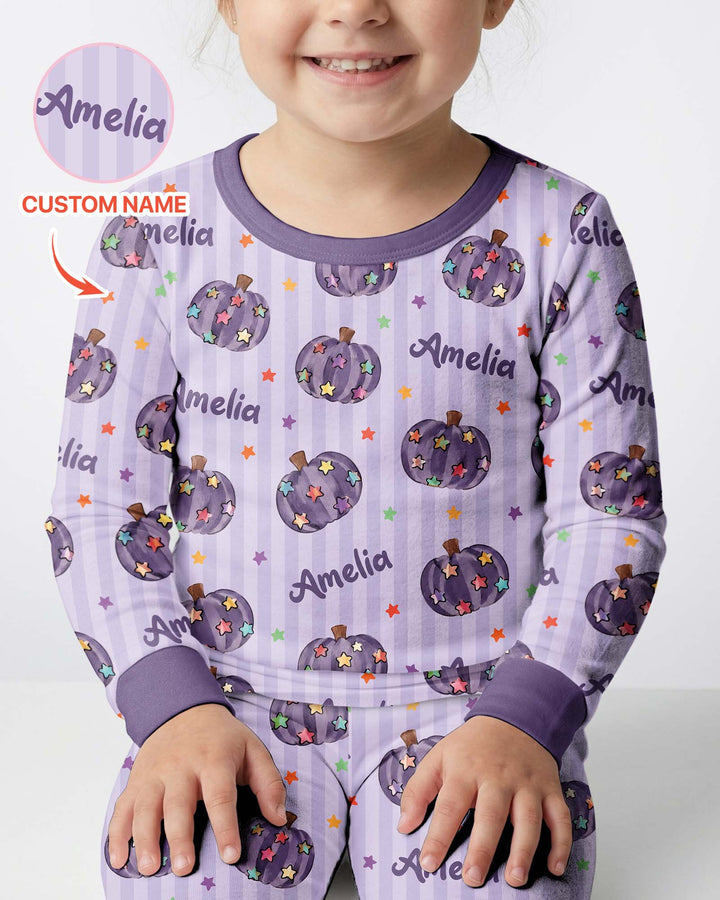 Colorful Star Pumpkin Custom Name Bamboo Two Piece Long Sleeve Pajama Set