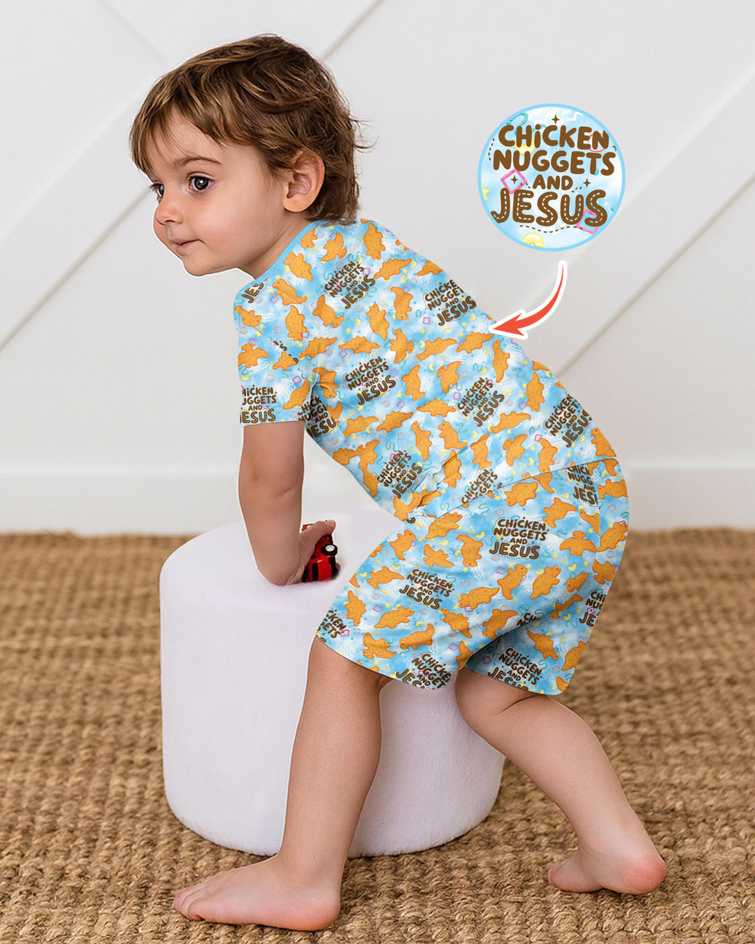 Chicken Nuggets and Jesus Family Matching Bamboo Two Piece Short Sleeve Shorts Pajama Set