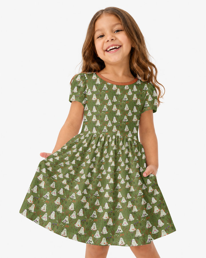 Cute Ghost Halloween Moss Green Floral Bamboo Twirl Dress