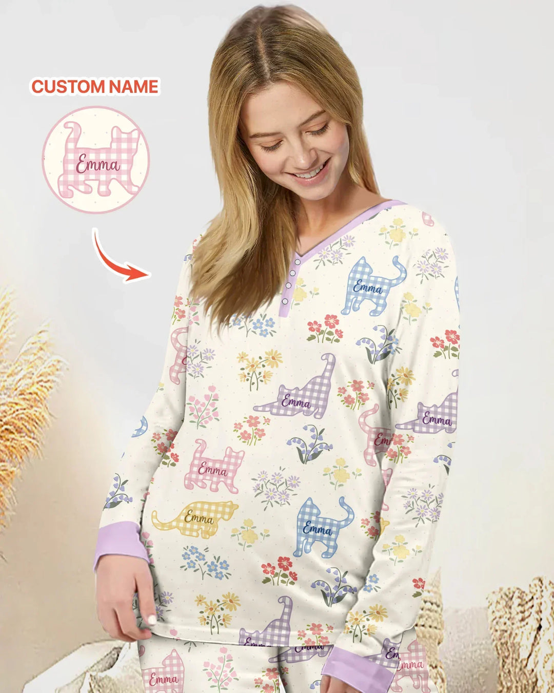 Gingham Cats Custom Name Bamboo Women Pajama Set