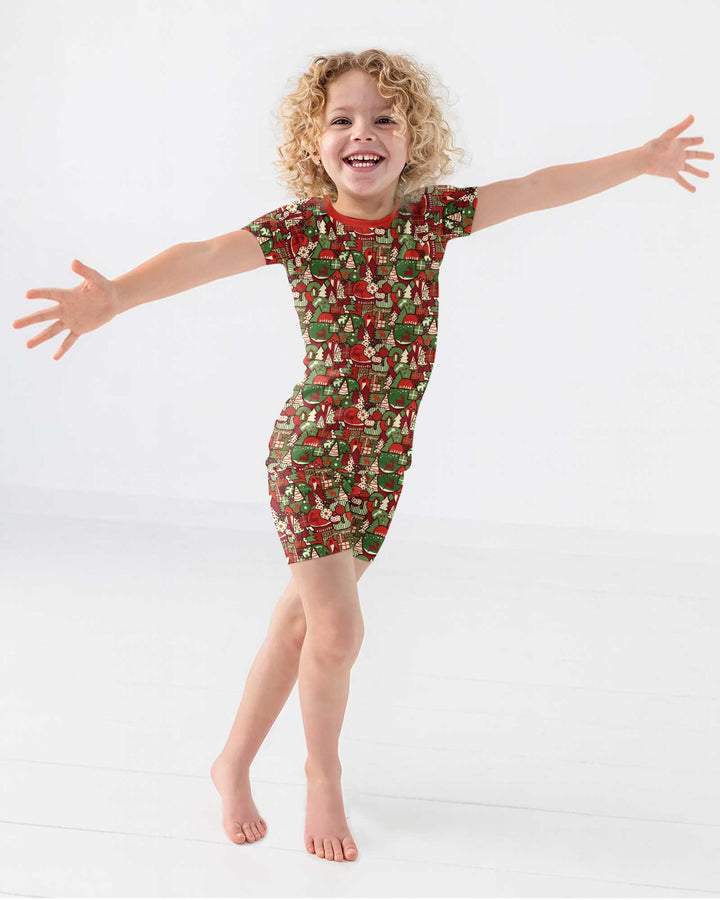 Christmas Time Mosaic Bamboo Two Piece Short Sleeve Shorts Pajama Set