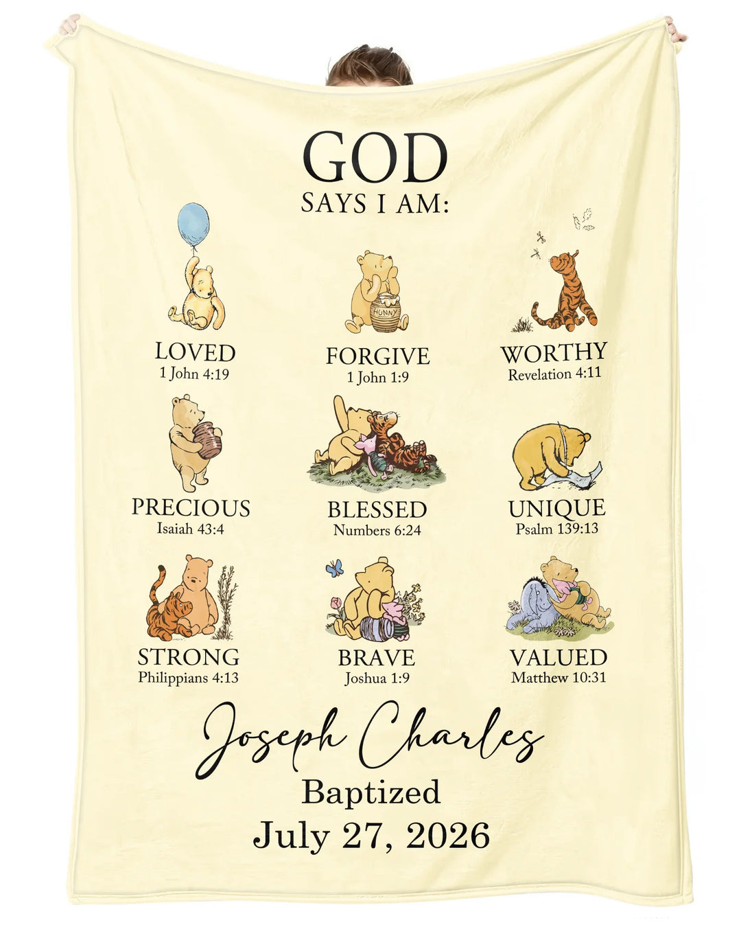 Personalized Baptism Classic Bear Bible Verses Bamboo Blanket