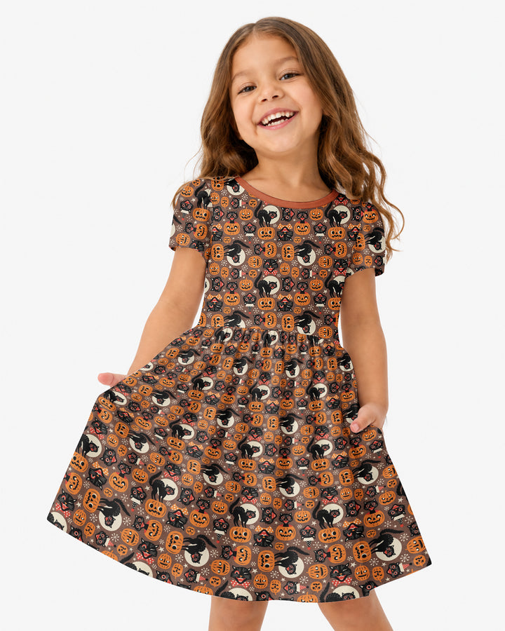 Vintage Halloween Black Cat Pumpkin Bamboo Twirl Dress