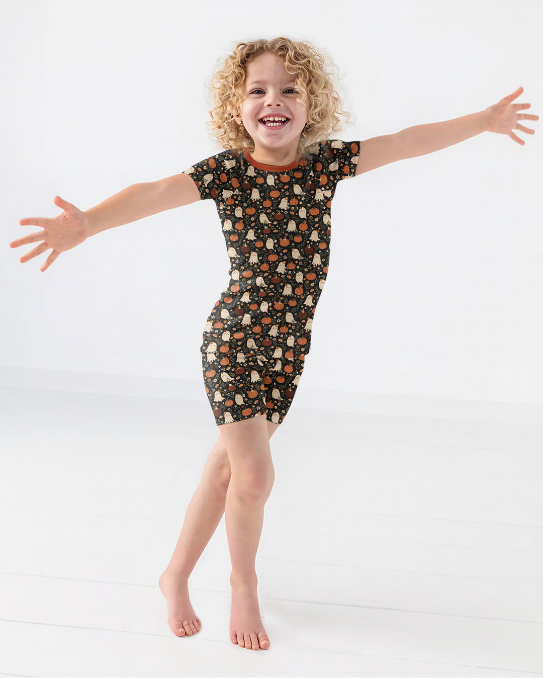 Ghost Pumpkin Harvest Floral Halloween Bamboo Two Piece Short Sleeve Shorts Pajama Set