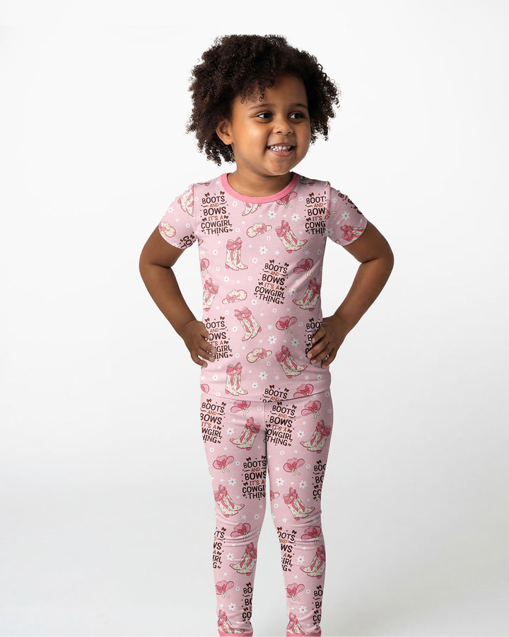 Western Cowgirl Boots And Bows Bamboo Two Piece Short Sleeve Pajama Set