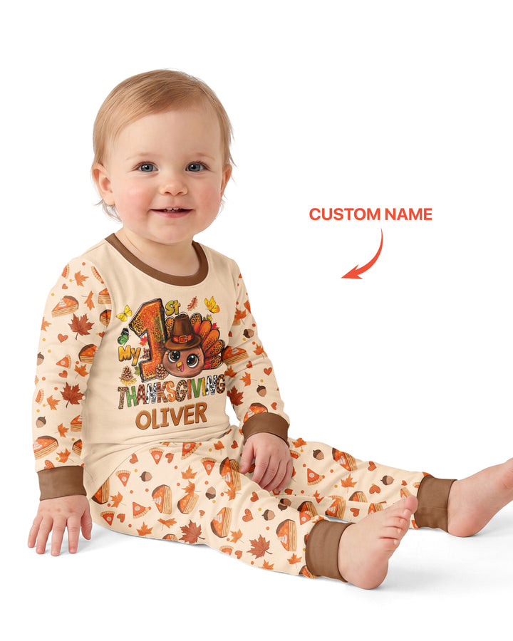 Custom Name My First Thanksgiving Bamboo Two Piece Long Sleeve Pajama Set