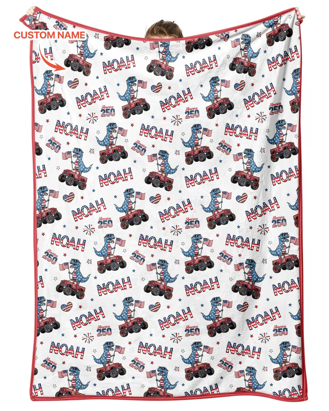 Custom Name American Flag Dinosaur Bamboo Blanket