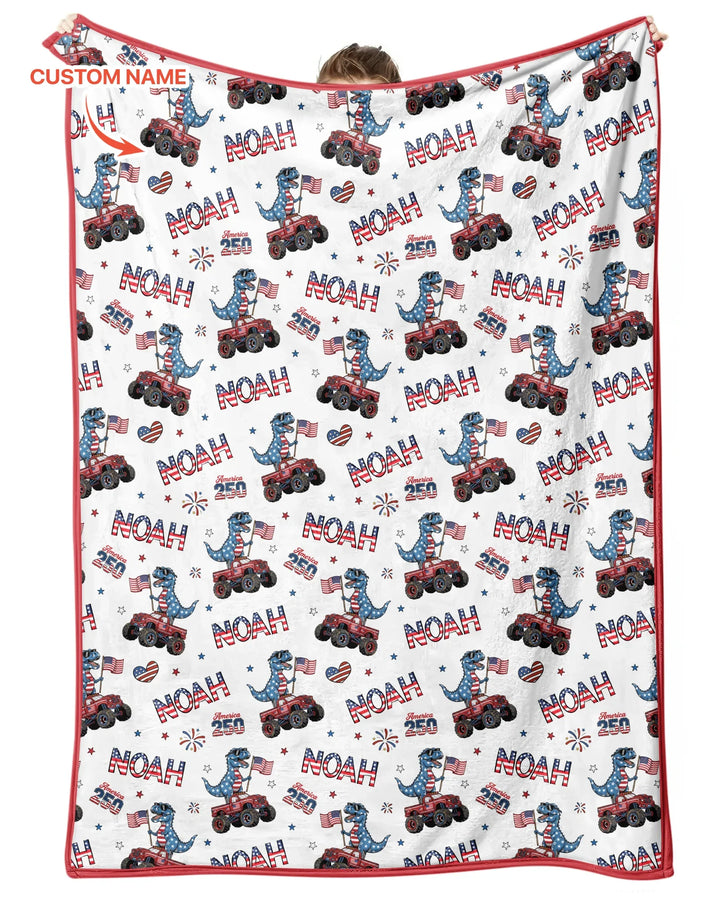 Custom Name American Flag Dinosaur Bamboo Blanket