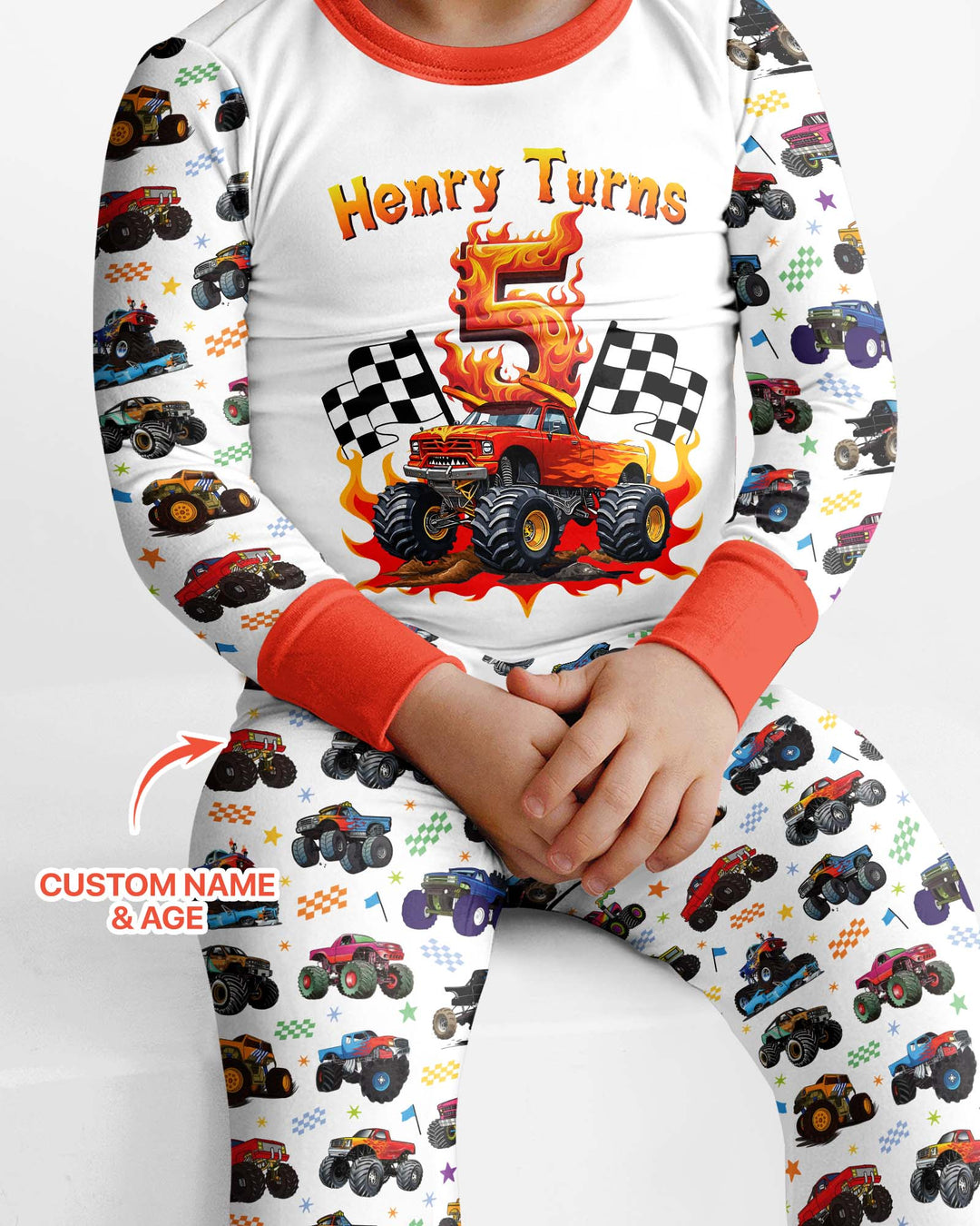 Monster Truck Birthday Boy Custom Name & Age Bamboo Two Piece Long Sleeve Pajama Set