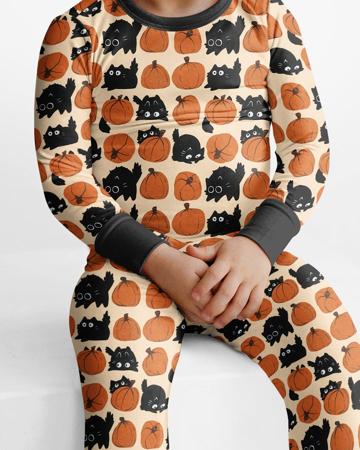 Black Cat Pumpkins Bamboo Two Piece Long Sleeve Pajama Set
