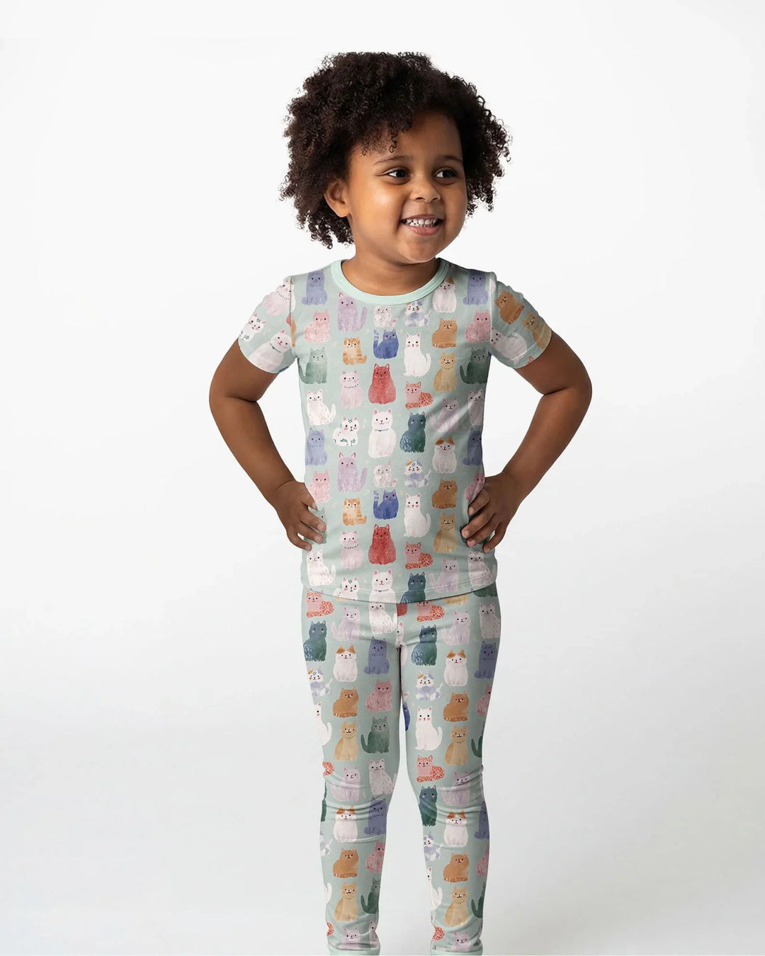 Enchanted Happy Kitty Family Matching Bamboo Two Piece Short Sleeve Pajama Set