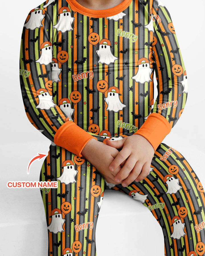 Custom Name Ghost Holding Balloon Bamboo Two Piece Long Sleeve Pajama Set
