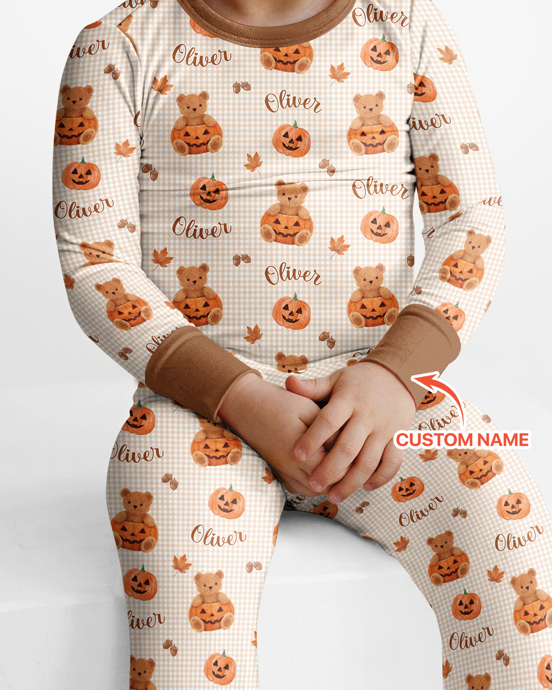 Custom Name Pumpkin Teddy Bamboo Two Piece Long Sleeve Pajama Set