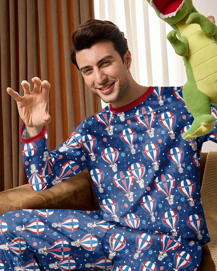 Pijamas de bambú para hombre a juego con la familia: "Cachorros Patrióticos en Globos Aerostáticos"