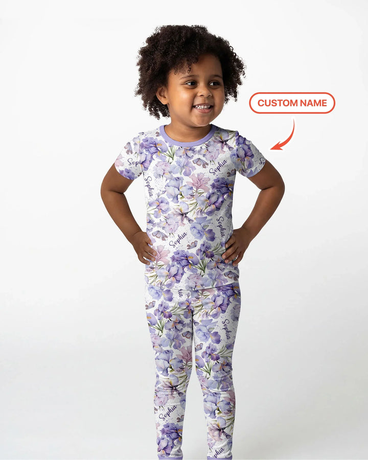Custom Name Birth Month Flowers Bamboo Two Piece Short Sleeve Pajama Set