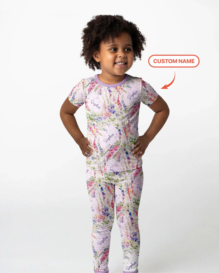 Custom Name Birth Month Flowers Bamboo Two Piece Short Sleeve Pajama Set