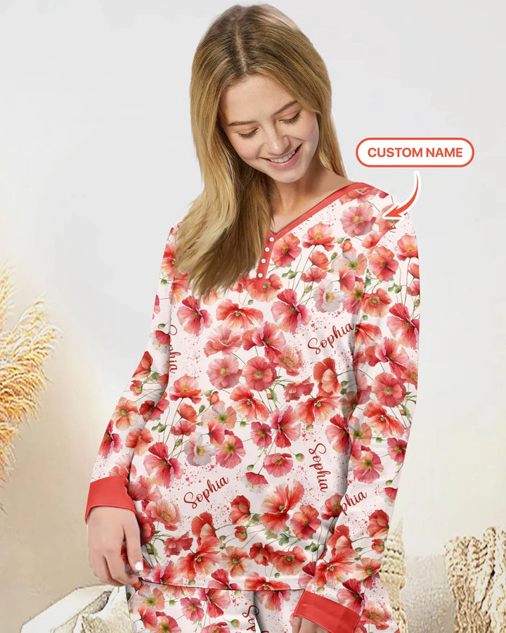 Benutzerdefinierter Name Geburtsmonatsblumen Bambus Damen Schlafanzug-Set