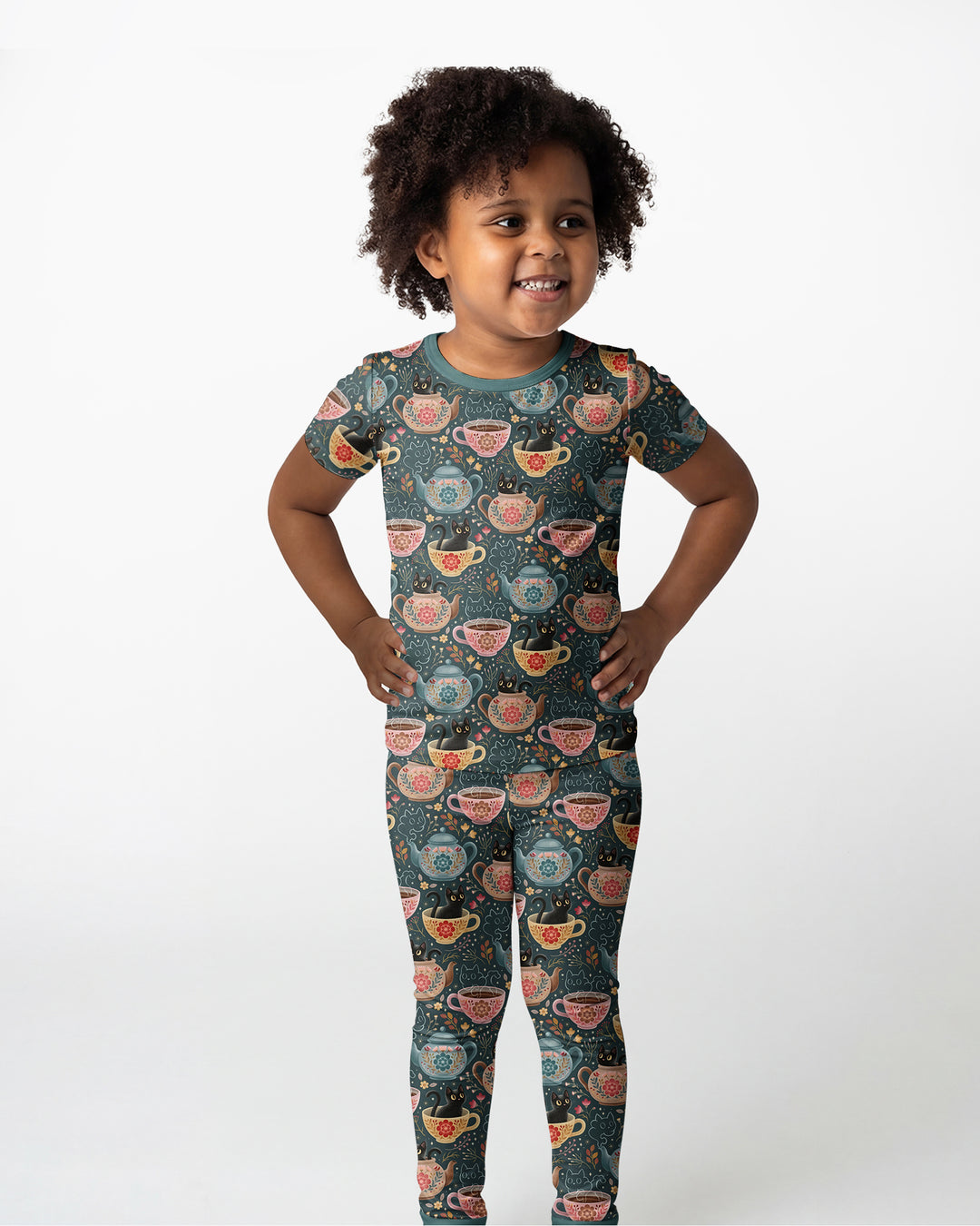 Folk Floral Black Cat Tea Party Bamboo Two Piece Short Sleeve Pajama Set