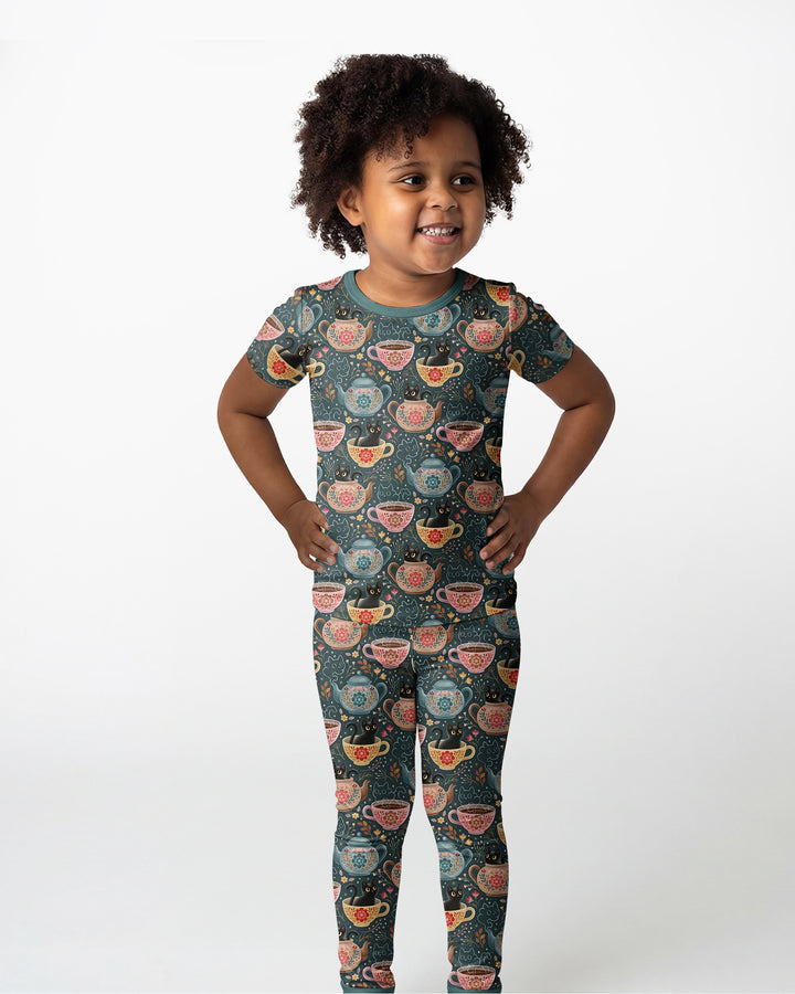 Folk Floral Black Cat Tea Party Bamboo Two Piece Short Sleeve Pajama Set