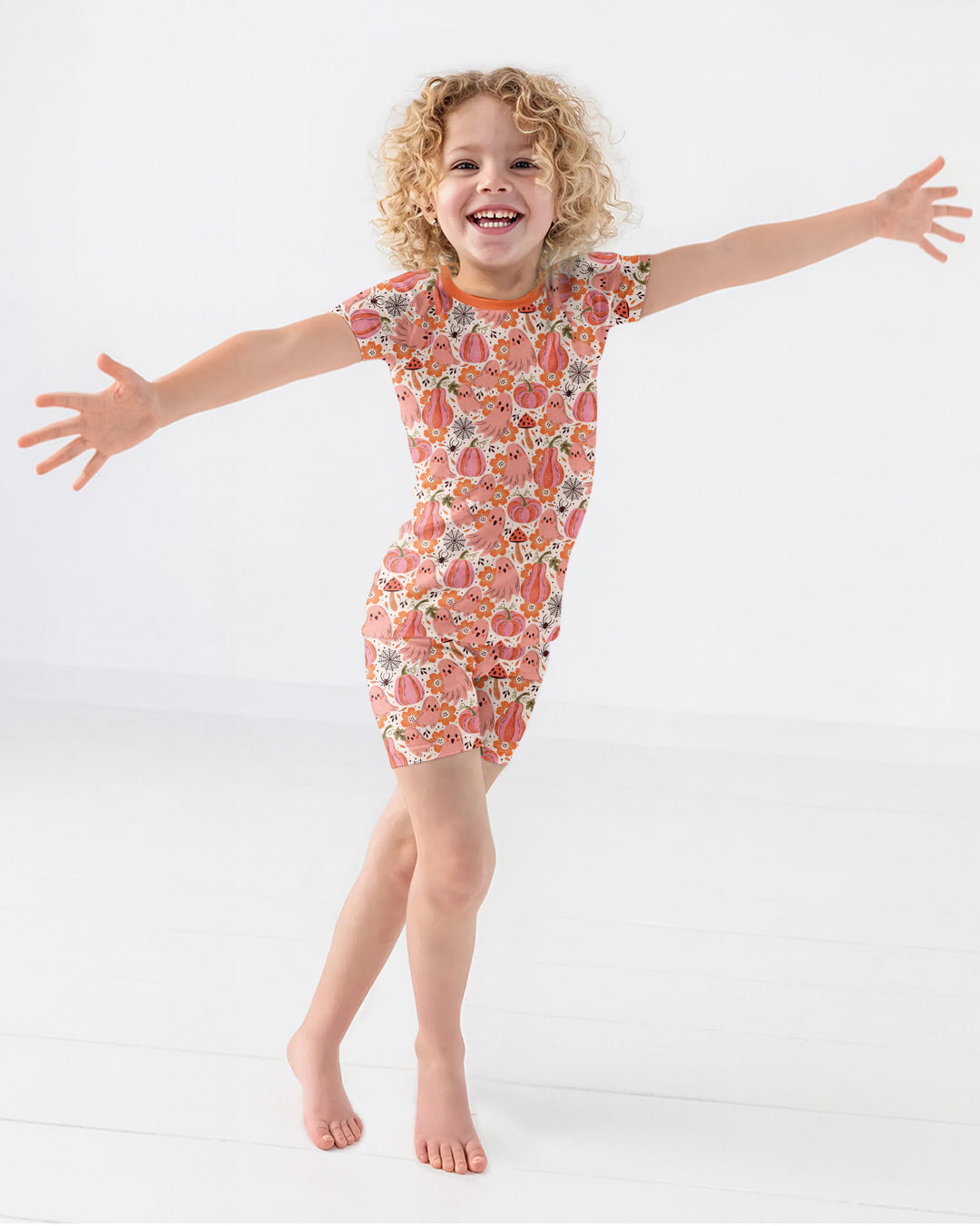 Pink Ghost Pumpkin Fall Floral Halloween Bamboo Two Piece Short Sleeve Shorts Pajama Set