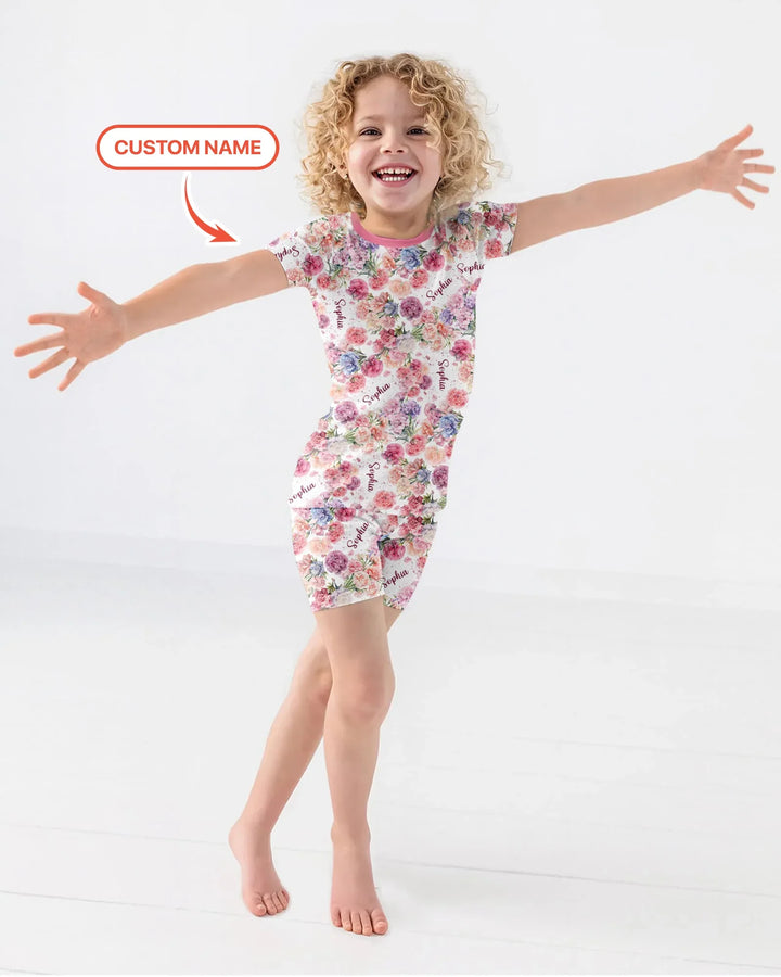Custom Name Birth Month Flowers Bamboo Two Piece Short Sleeve Shorts Pajama Set