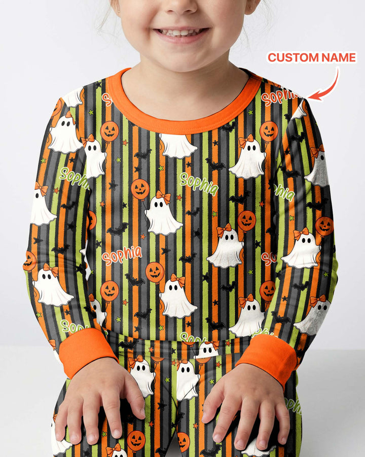 Custom Name Ghost Holding Balloon Bamboo Two Piece Long Sleeve Pajama Set