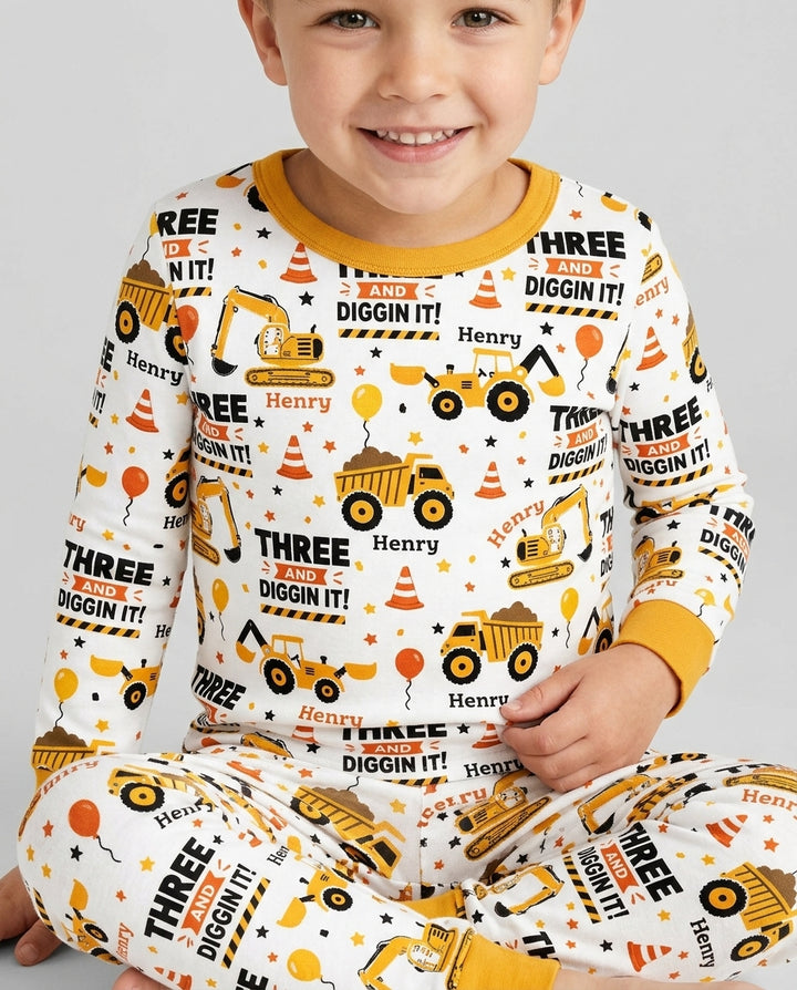 Personalized Birthday Construction Truck Diggin It Bamboo Two Piece Long Sleeve Pajama Set