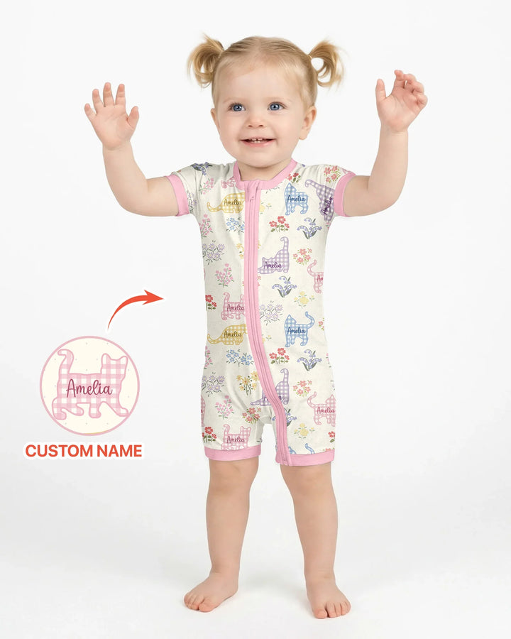 Gingham Cats Custom Name Bamboo Shorty Zippy