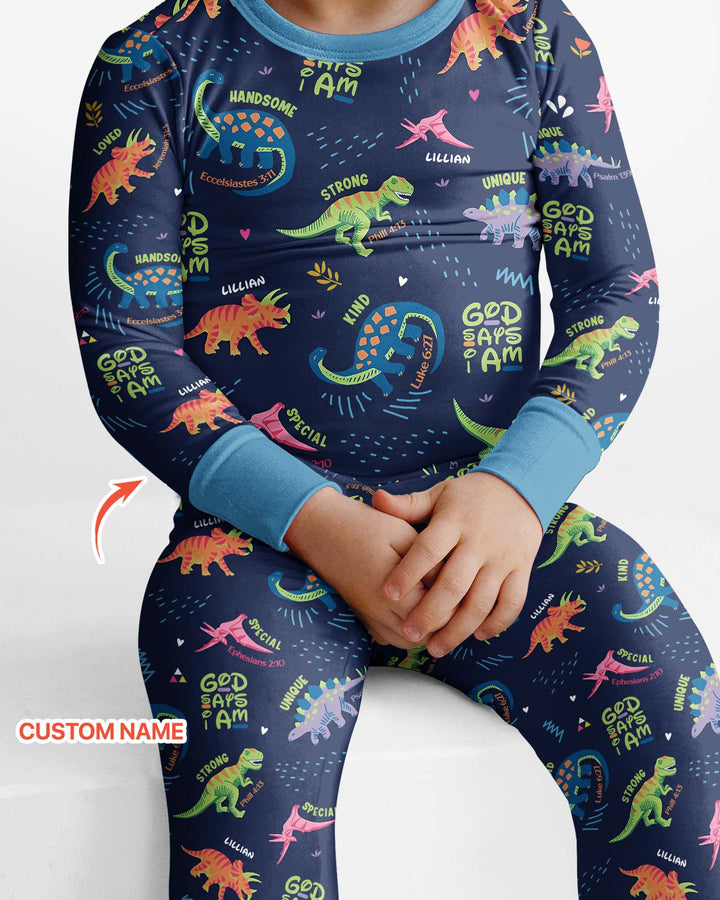 Custom Name God says I am Dinosaur Bamboo Two Piece Long Sleeve Pajama Set