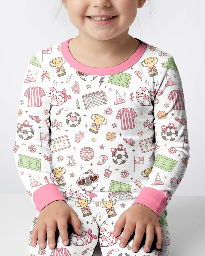 Pink Girly Soccer Coquette Bamboo Two Piece Long Sleeve Pajama Set