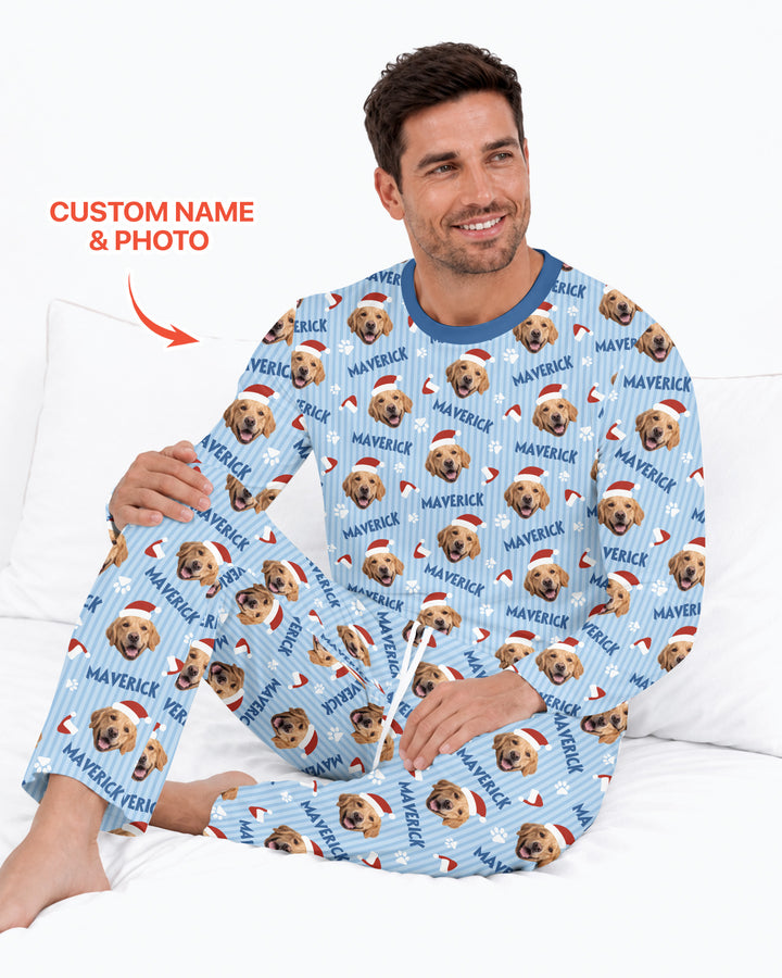 Custom Pet Photo Christmas Paws Stripe Bamboo Men's Pajama Set
