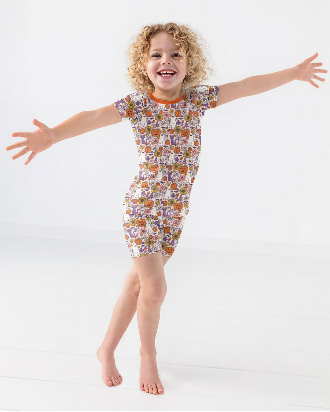 Ghost Pumpkin Fall Floral Halloween Bamboo Two Piece Short Sleeve Shorts Pajama Set