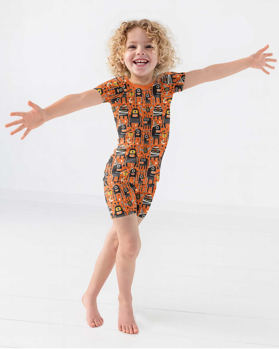 Mid Century Halloween Monster Toss Bamboo Two Piece Short Sleeve Shorts Pajama Set