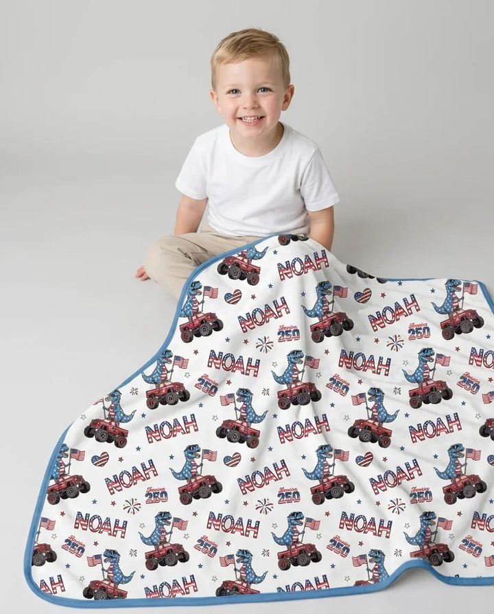 Custom Name American Flag Dinosaur Bamboo Blanket