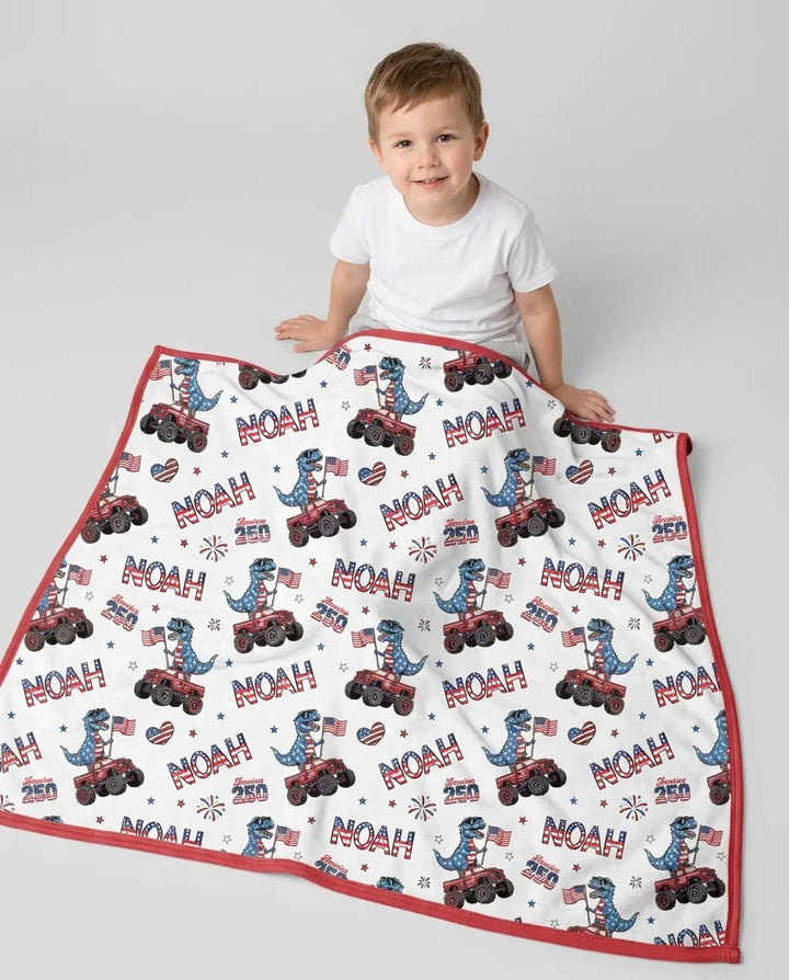 Custom Name American Flag Dinosaur Bamboo Blanket