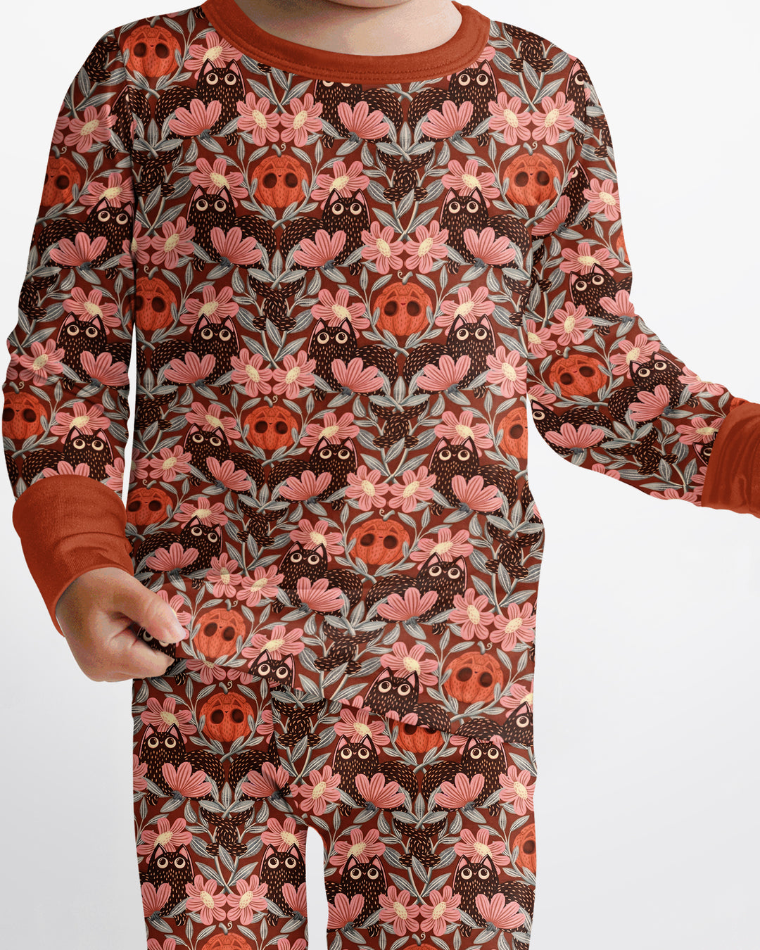 Spooky Owl Pumpkin Folk Floral Halloween Bamboo Two Piece Long Sleeve Pajama Set