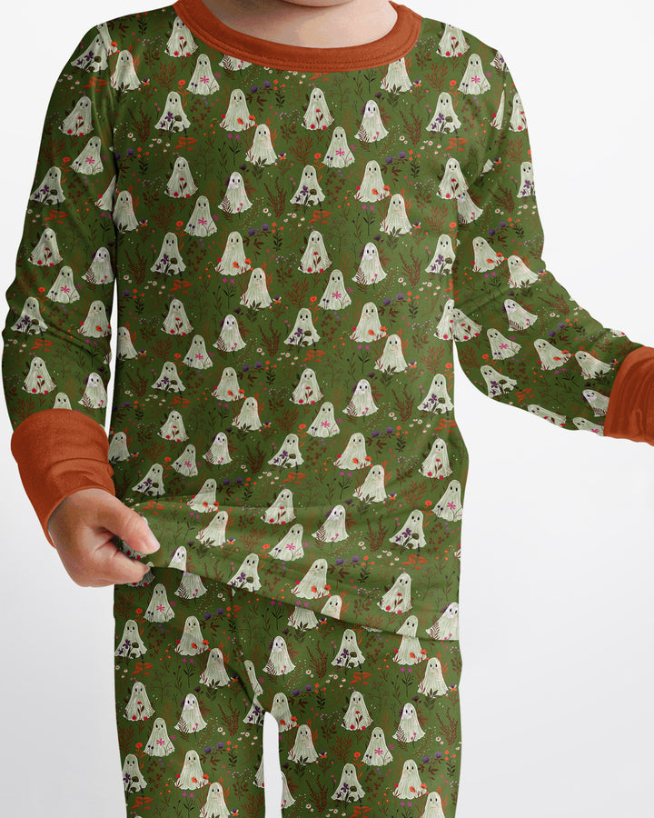 Cute Ghost Halloween Moss Green Floral Bamboo Two Piece Long Sleeve Pajama Set