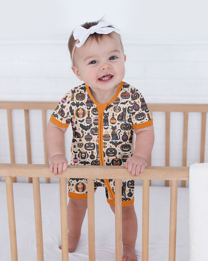 Whimsical Tribal Retro Halloween Black Cats Pumpkins Bamboo Shorty Zippy