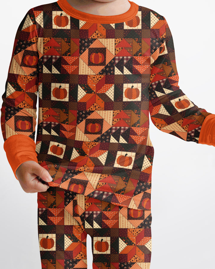 Vintage Pumpkin Patchwork Fall Bamboo Two Piece Long Sleeve Pajama Set