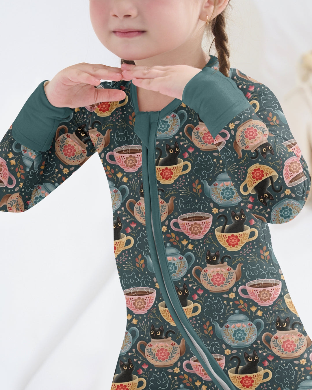 Folk Floral Black Cat Tea Party Bamboo Convertible Zippy