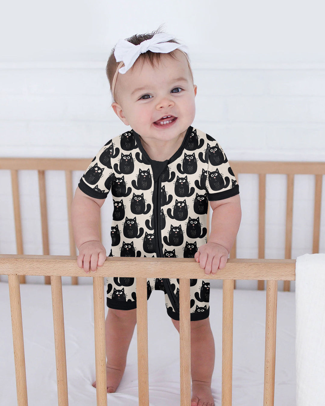 Moody Black Cats in Black and White Bamboo Shorty Zippy