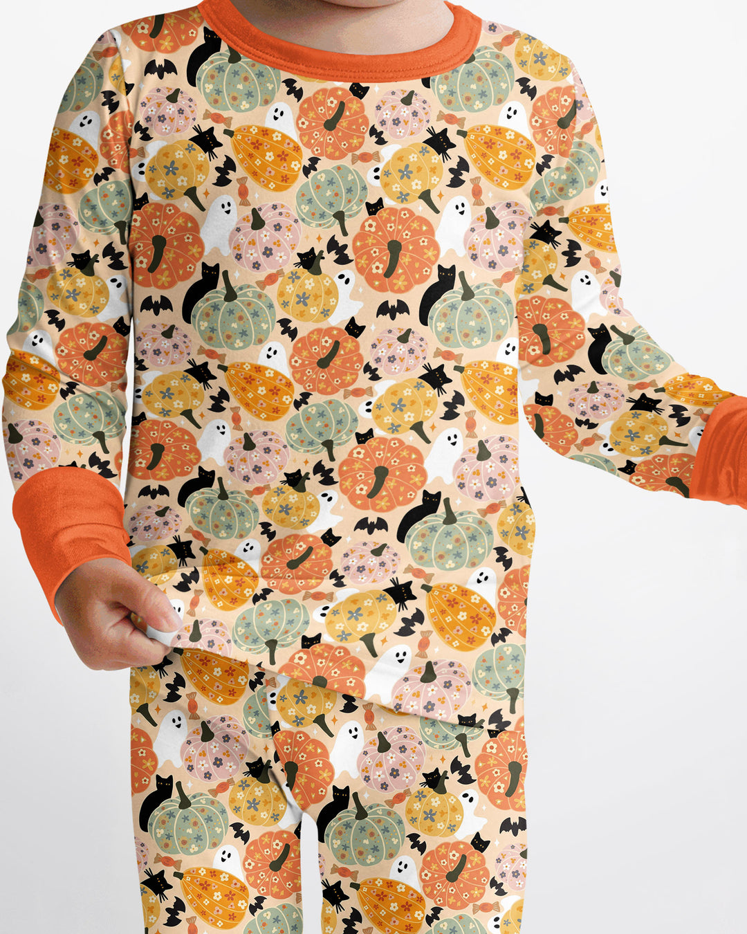 Floral Pumpkin Ghost Halloween Bamboo Two Piece Long Sleeve Pajama Set