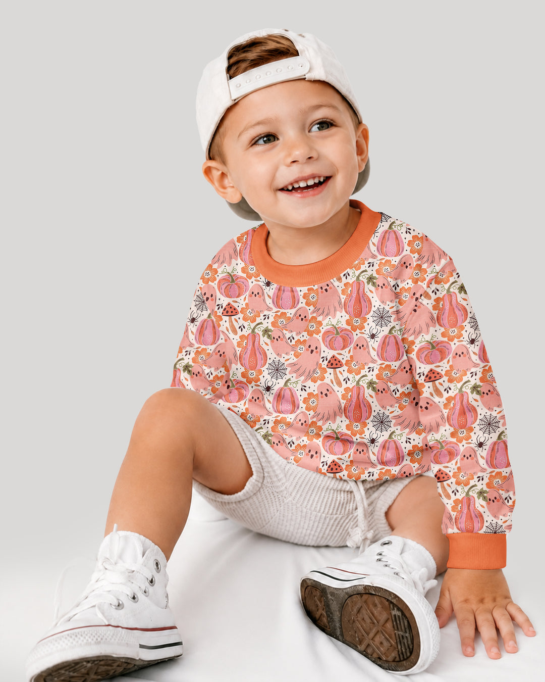 Pink Ghost Pumpkin Fall Floral Halloween Bamboo Crewneck Sweatshirt